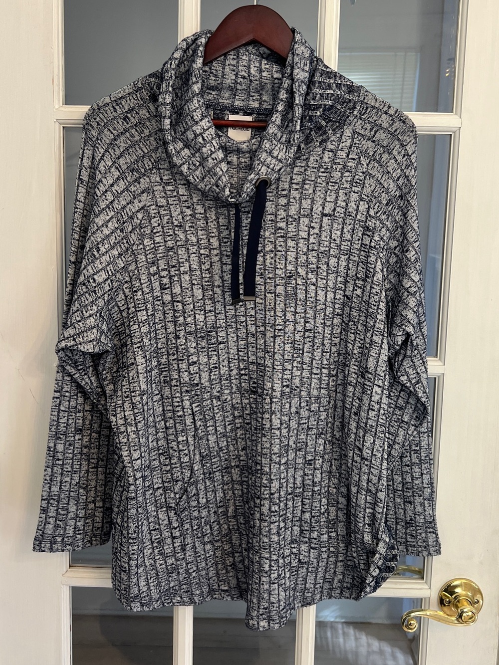 NIC+ZOE Women’s Navy White Marled Cowl Neck Drawstring Knit Pullover Size 1X